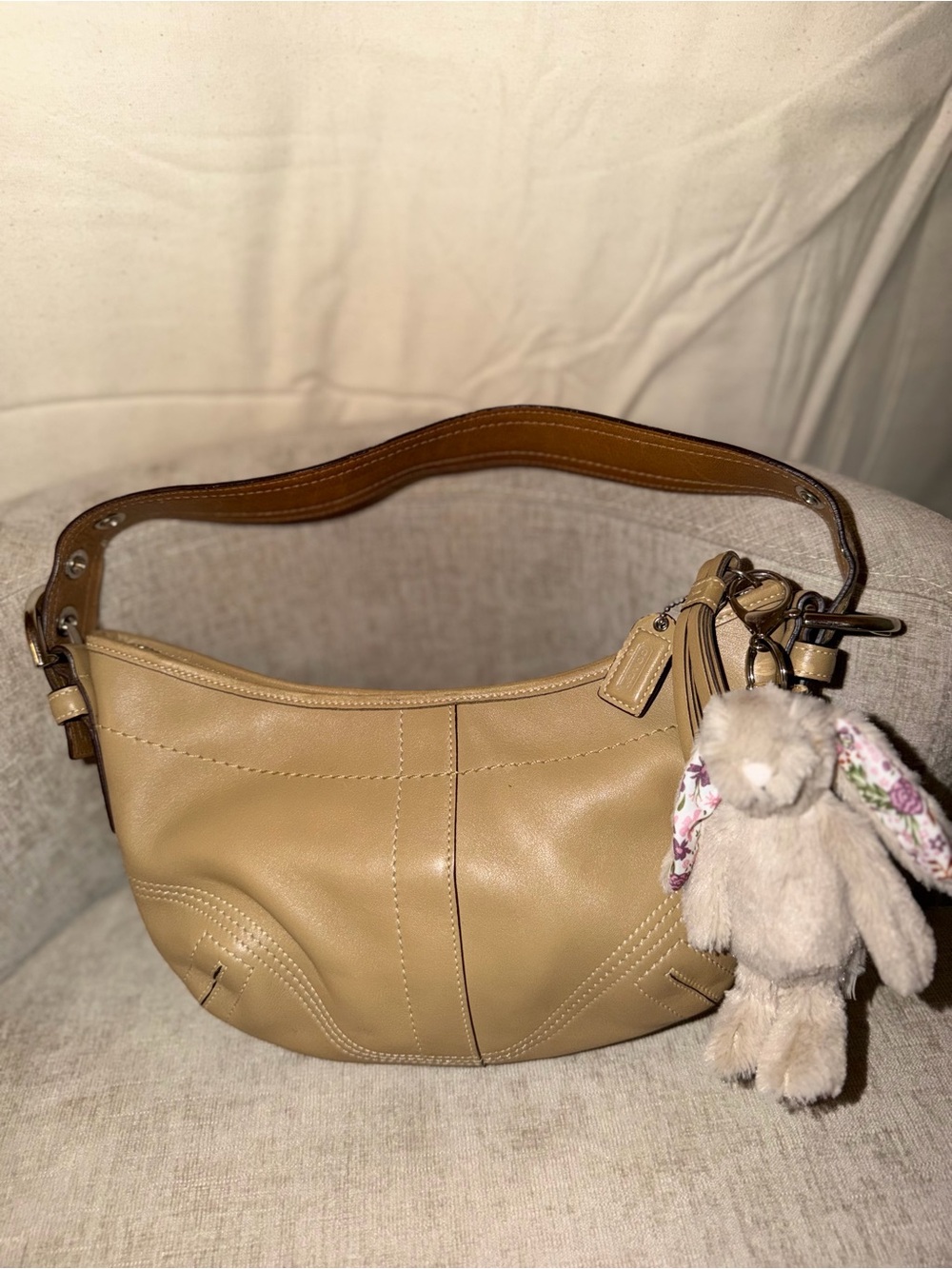 Coach Tan Leather Shoulder Bag with Bunny Charm